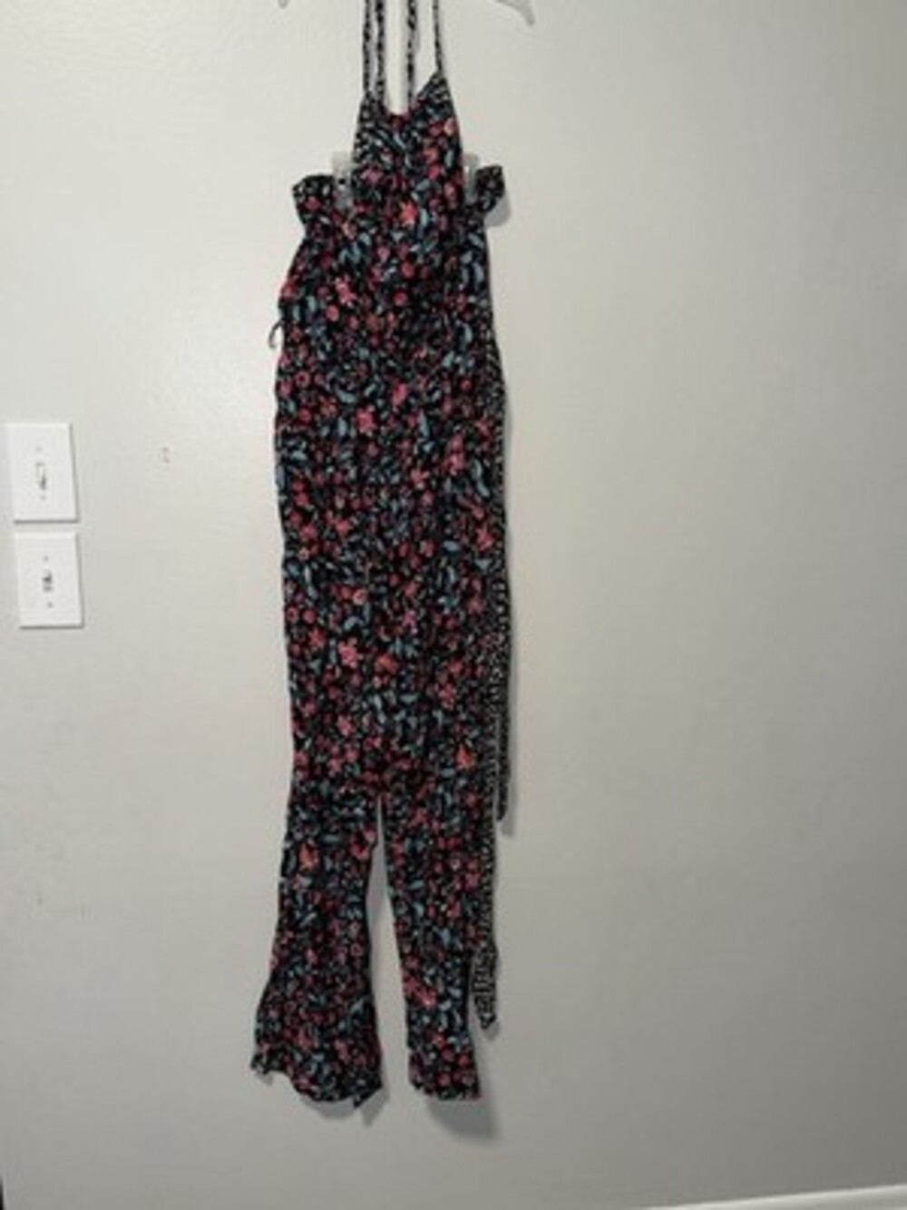 English Factory Floral Halter Jumpsuit M Black Pink Blue Red Wide-Leg Sleeveless